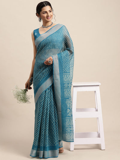 Odette Women Cotton Blend Blue Printed Saree With Unstitched Blouse