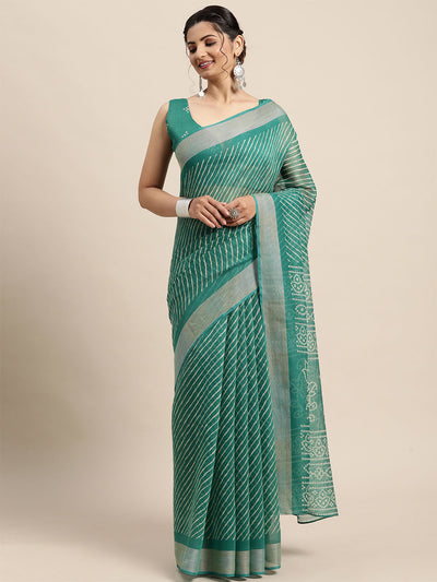 Women'S Cotton Blend Sea Green Printed Saree With Unstitched Blouse