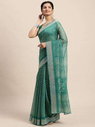 Women'S Cotton Blend Sea Green Printed Saree With Unstitched Blouse