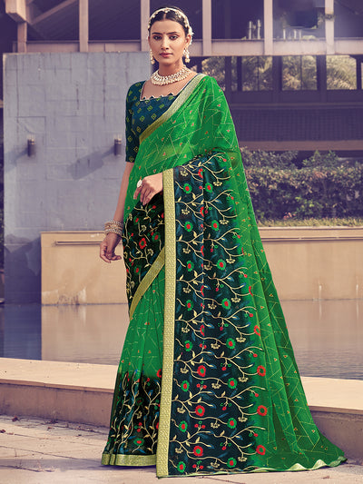 Green Embroidered Chiffon Saree With Unstitched Blouse