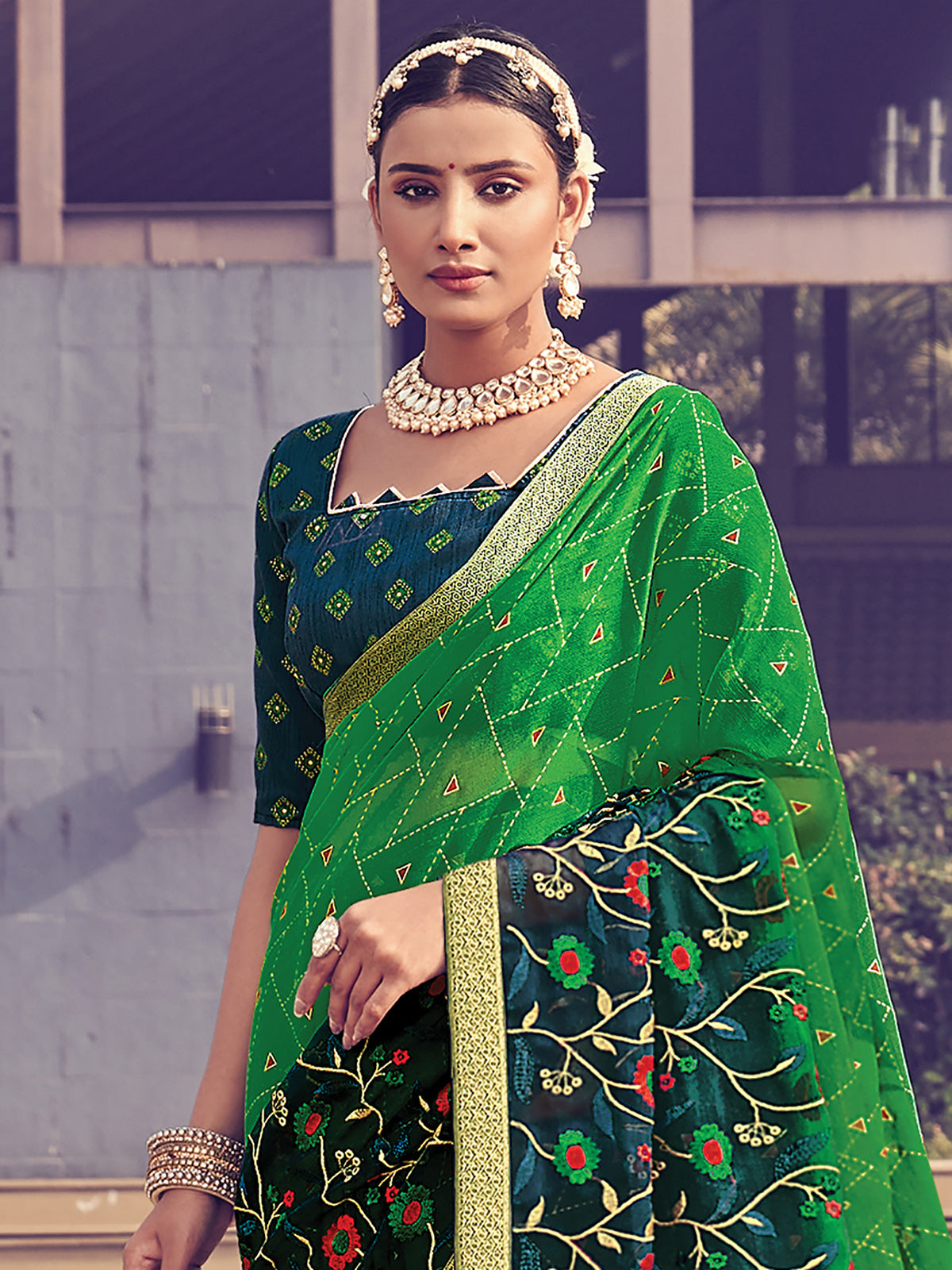 Green Embroidered Chiffon Saree With Unstitched Blouse