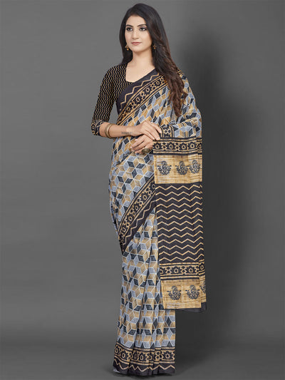 Odette Women Cotton Blend Beige Printed Saree With Unstitched Blouse