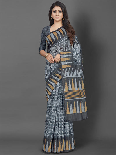 Odette Women Cotton Blend Grey Printed Saree With Unstitched Blouse