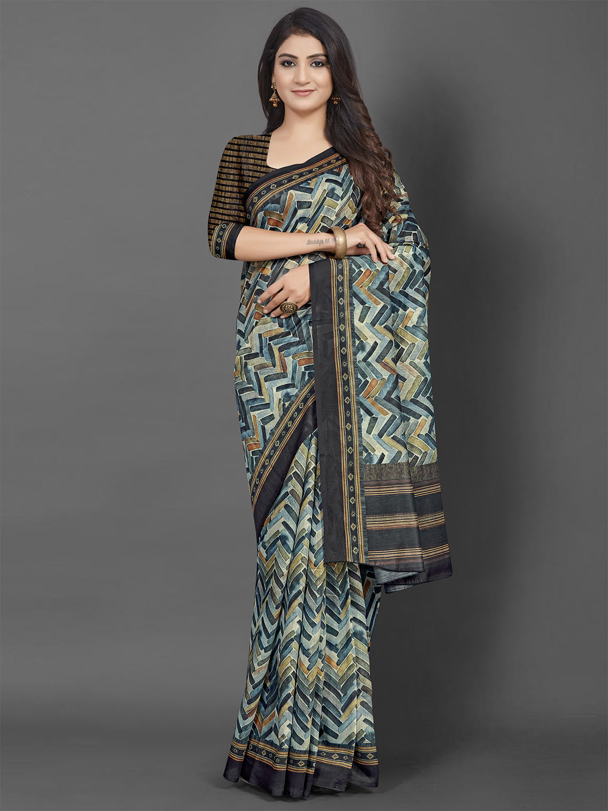 Odette Women Cotton Blend Grey Printed Saree With Unstitched Blouse