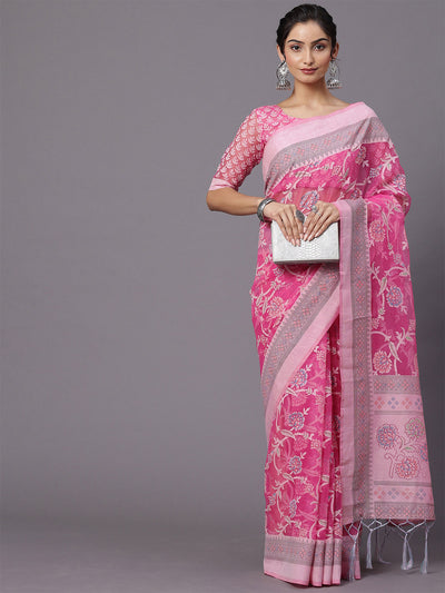 Pink Printed Brasso Saree With Unstitched Blouse