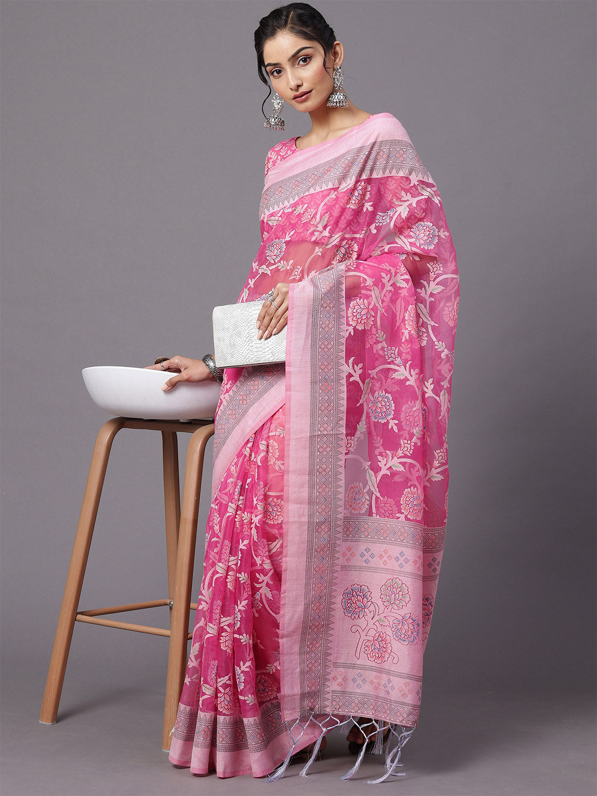 Pink Printed Brasso Saree With Unstitched Blouse