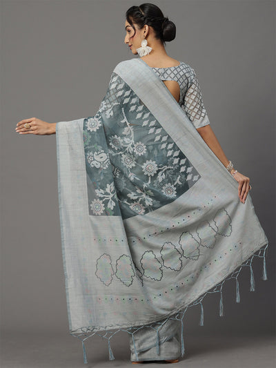 Grey Printed Brasso Saree With Unstitched Blouse
