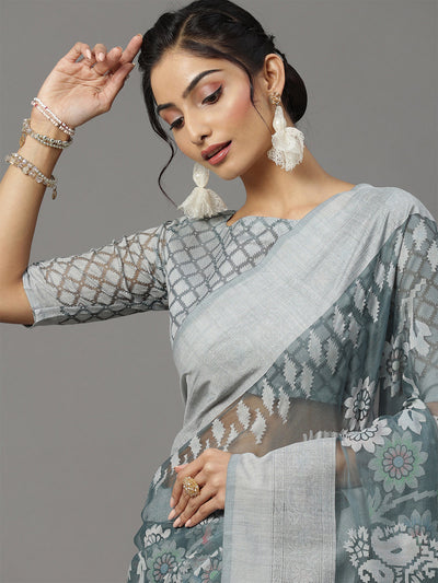 Grey Printed Brasso Saree With Unstitched Blouse