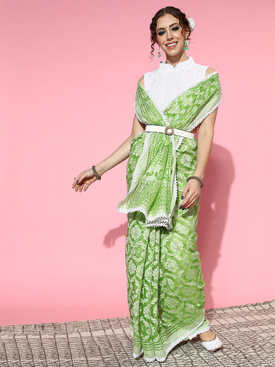 Green Printed Brasso Saree With Unstitched Blouse