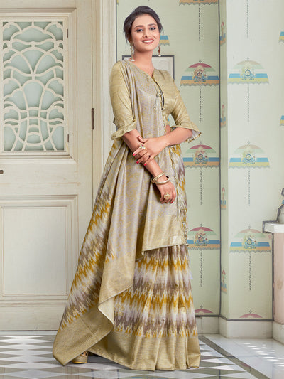 Odette Women Linen Beige Printed Saree With Unstitched Blouse