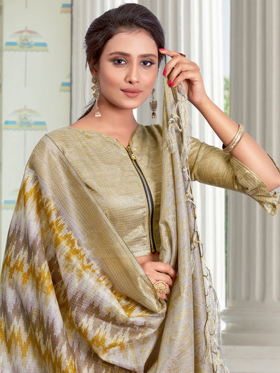 Odette Women Linen Beige Printed Saree With Unstitched Blouse