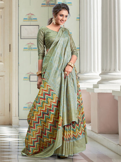 Odette Women Linen Sea Green Printed Saree With Unstitched Blouse