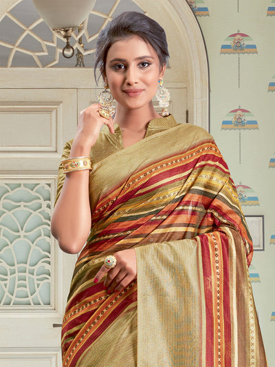 Odette Women Linen Multicolored Printed Saree With Unstitched Blouse