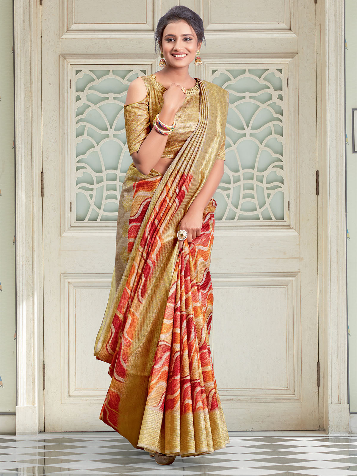 Odette Women Linen Multicolored Printed Saree With Unstitched Blouse