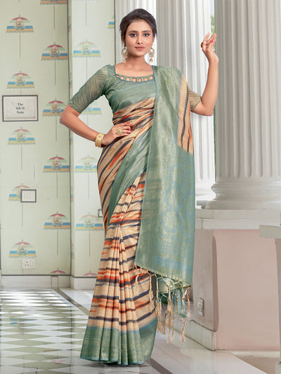Odette Women Linen Sea Green Printed Saree With Unstitched Blouse