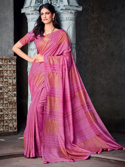 Odette Women Pink Silk Blend Printed Saree With Unstitched Blouse