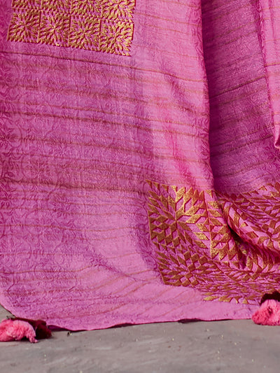 Odette Women Pink Silk Blend Printed Saree With Unstitched Blouse