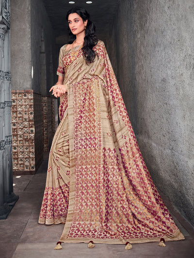 Beige Silk Blend Printed Saree With Unstitched Blouse