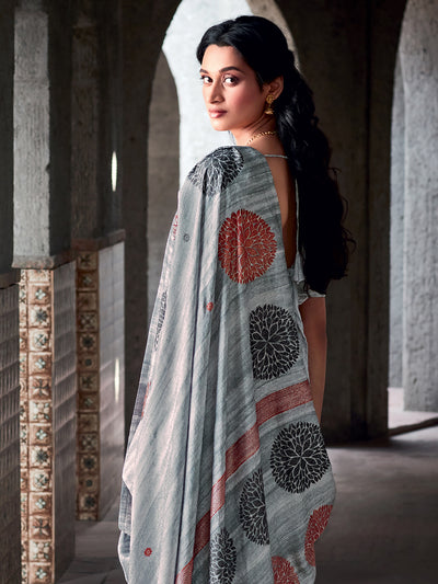 Grey Silk Blend Printed Saree With Unstitched Blouse