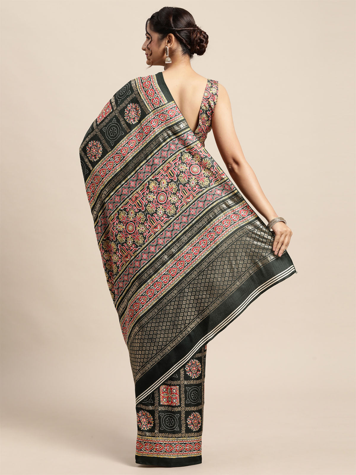 Odette Women Pashmina Silk Black Printed Saree With Unstitched Blouse