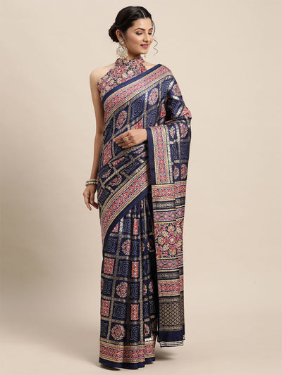 Women'S Pashmina Silk Navy Blue Printed Saree With Unstitched Blouse