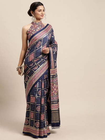 Women'S Pashmina Silk Navy Blue Printed Saree With Unstitched Blouse
