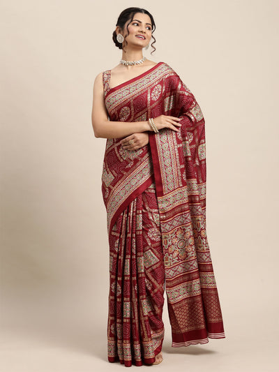 Odette Women Pashmina Silk Maroon Printed Saree With Unstitched Blouse