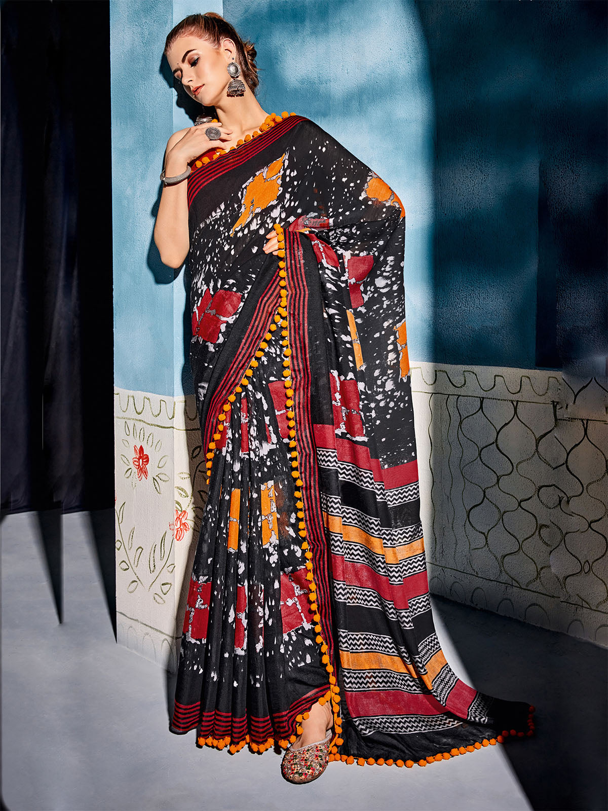 Odette Women Cotton Blend Black Embellished Saree With Unstitched Blouse