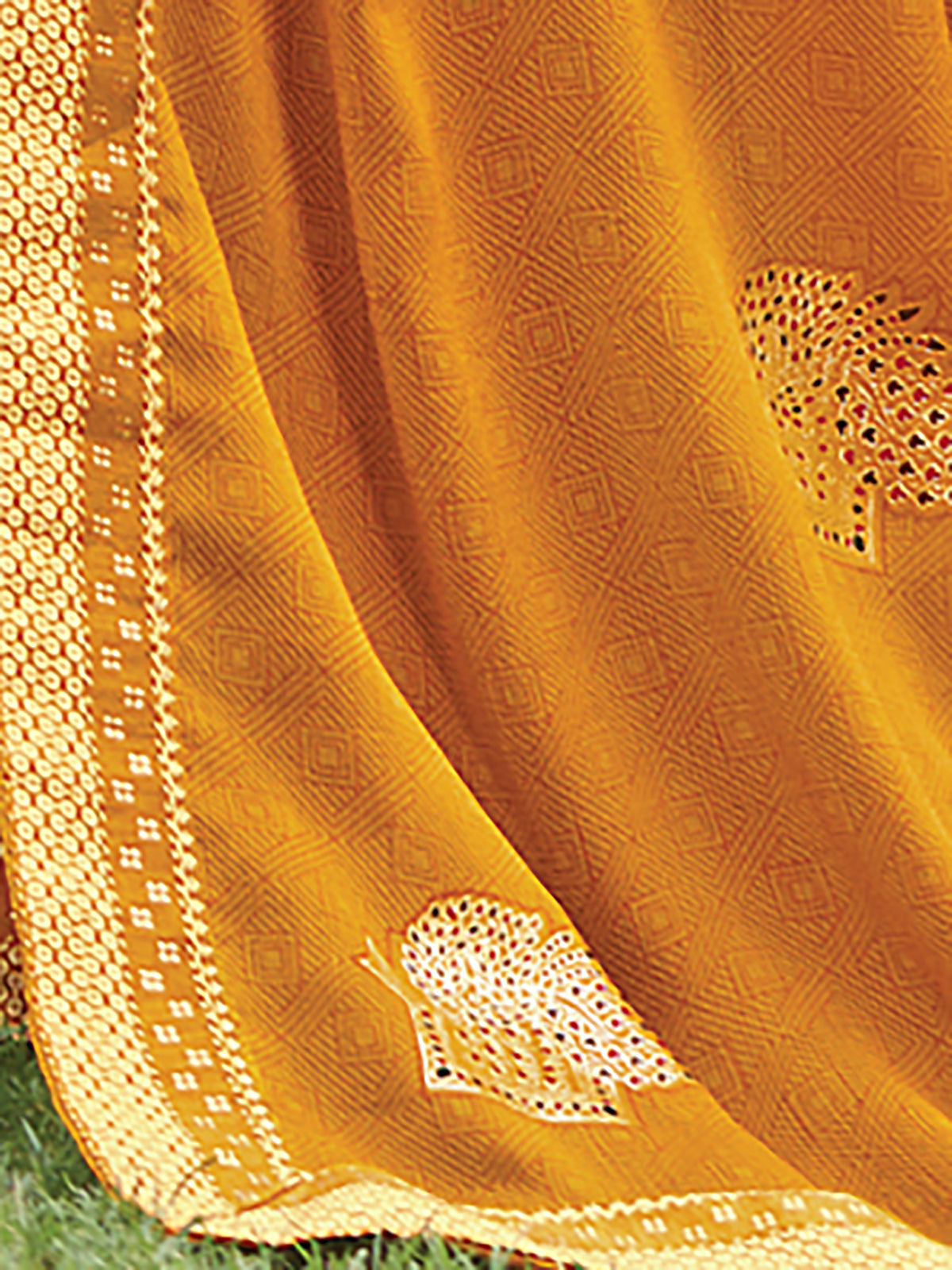 Mustard Printed Chiffon Saree With Unstitched Blouse