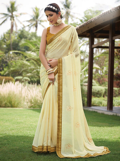 Odette Women Yellow Printed Chiffon Saree With Unstitched Blouse