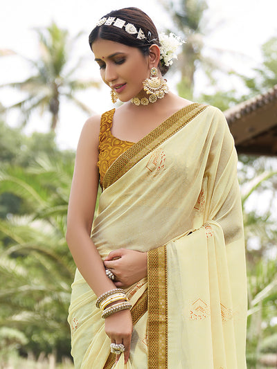 Odette Women Yellow Printed Chiffon Saree With Unstitched Blouse