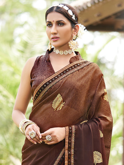 Odette Women Brown Printed Chiffon Saree With Unstitched Blouse