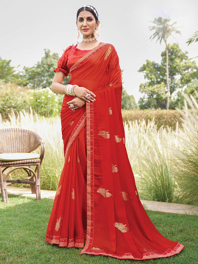 Odette Women Red Printed Chiffon Saree With Unstitched Blouse