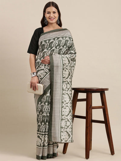 Olive Printed Blend Silk Saree With Unstitched Blouse