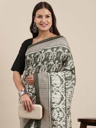 Olive Printed Blend Silk Saree With Unstitched Blouse