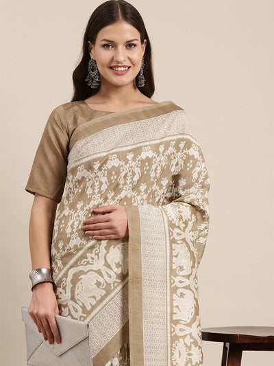 Beige Printed Blend Silk Saree With Unstitched Blouse
