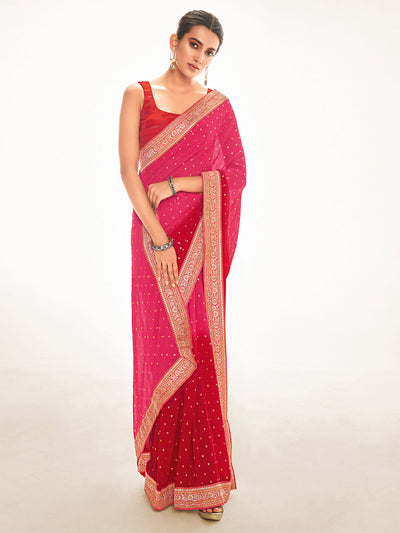 Odette Women Silk Blend Pink Printed Saree With Unstitched Blouse
