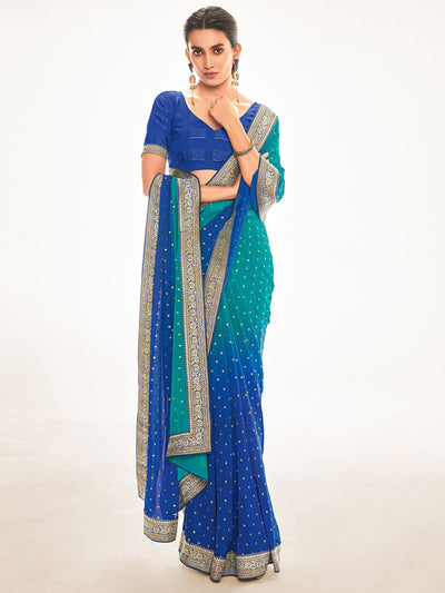 Odette Women Silk Blend Teal Blue Printed Saree With Unstitched Blouse