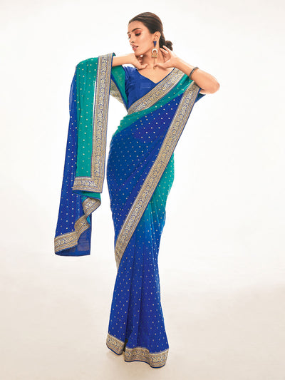 Odette Women Silk Blend Teal Blue Printed Saree With Unstitched Blouse