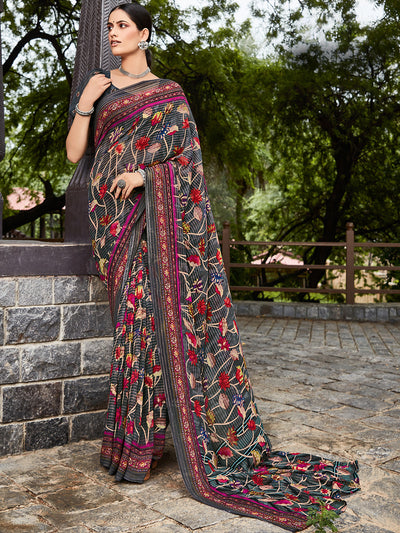 Odette Women Grey Printed Georgette Saree With Unstitched Blouse