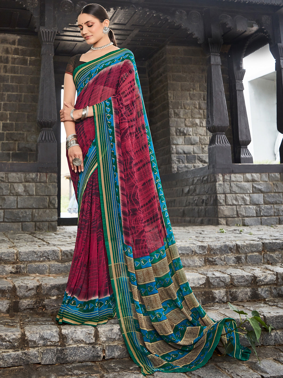 Maroon Printed Georgette Saree With Unstitched Blouse