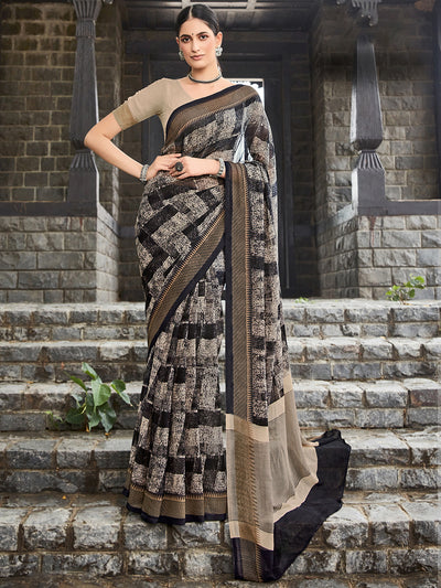 Odette Women Black Printed Georgette Saree With Unstitched Blouse