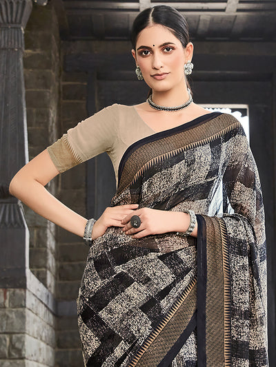 Odette Women Black Printed Georgette Saree With Unstitched Blouse