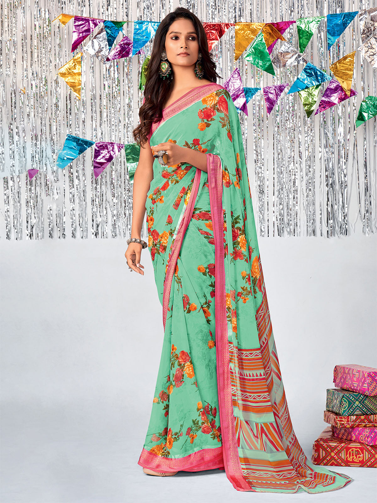 Women'S Georgette Sea Green Printed Saree With Unstitched Blouse