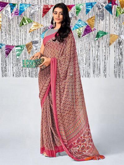 Women'S Georgette Pink Printed Saree With Unstitched Blouse