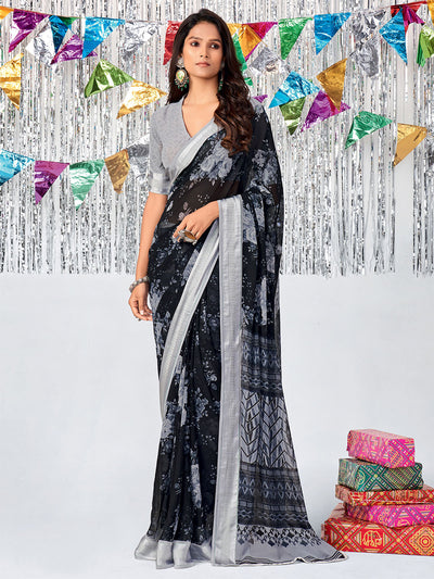 Odette Women Georgette Black Printed Saree With Unstitched Blouse
