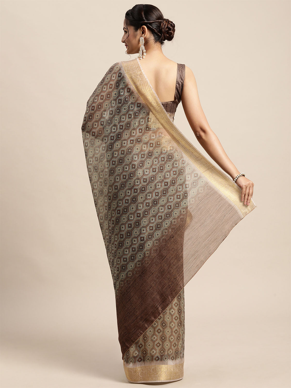Women'S Cotton Blend Olive Digital Print Designer Saree With Unstitched Blouse