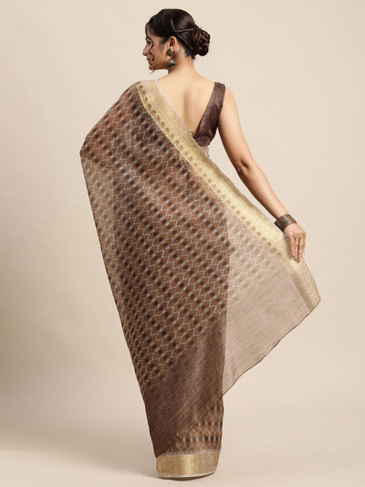 Women'S Cotton Blend Brown Digital Print Designer Saree With Unstitched Blouse