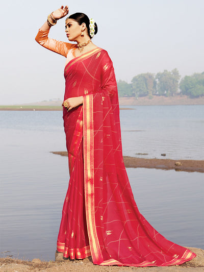 Odette Women Chiffon Pink Embellished Saree With Unstitched Blouse