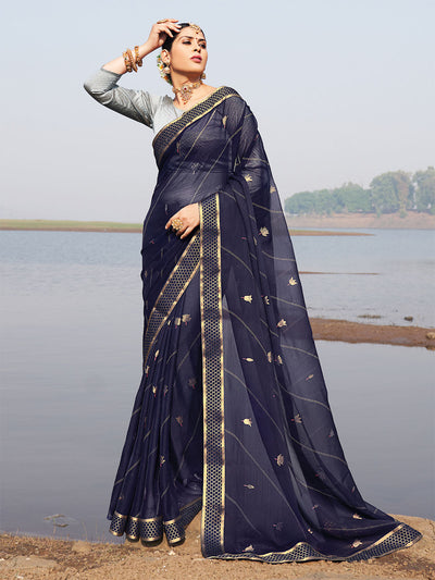 Women'S Chiffon Navy Blue Embellished Saree With Unstitched Blouse